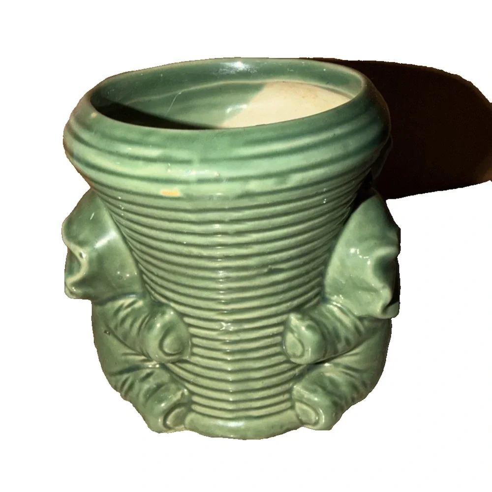 Vintage Green Ceramic Elephant Planter Majolica Style